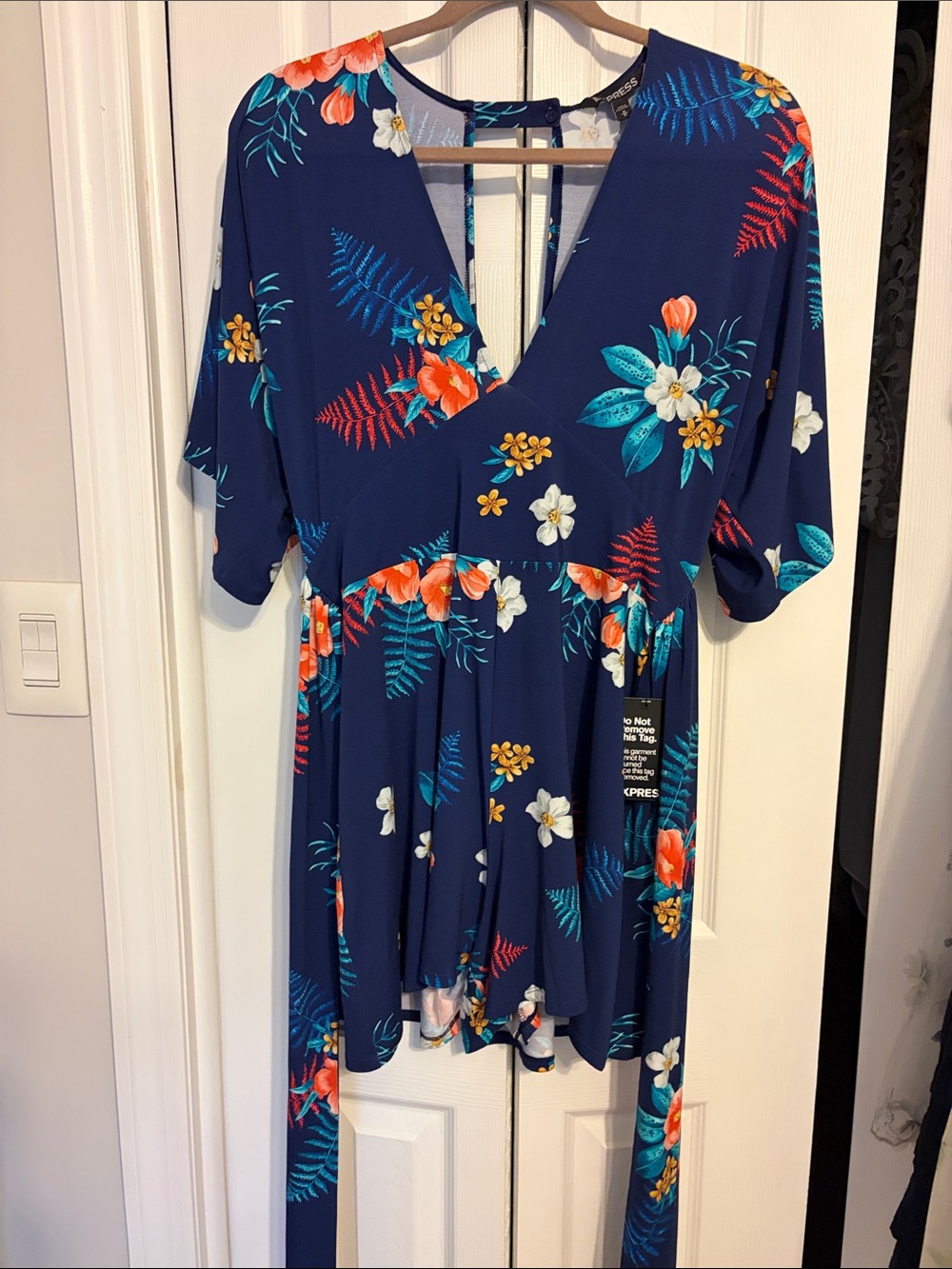Express Navy Floral Surplice Tie-Front Romper